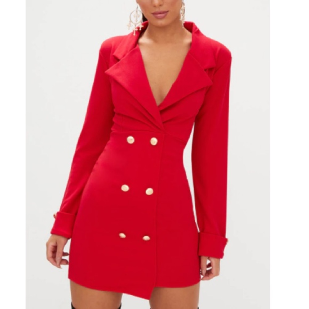 Red Gold Button Detail Blazer Dress